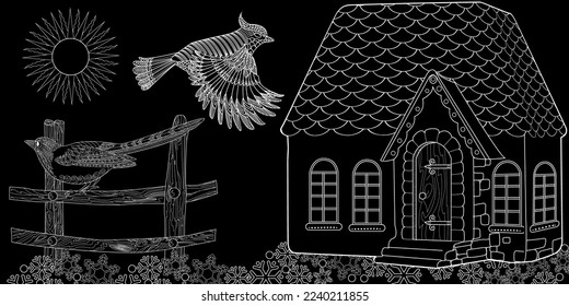 Art therapy coloring page. Colouring pictures with Cute Village House in Winter. Coloring books make you feel better. Coloring drawings is an effective art therapy practice
