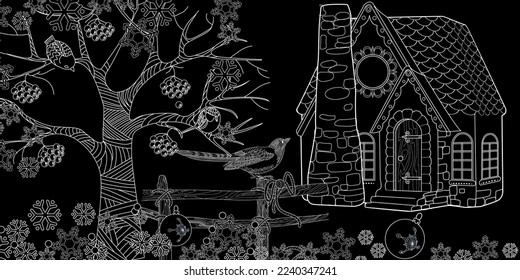 Art therapy coloring page. Colouring pictures with Cute Village House in Winter. Coloring books make you feel better. Coloring drawings is an effective art therapy practice
