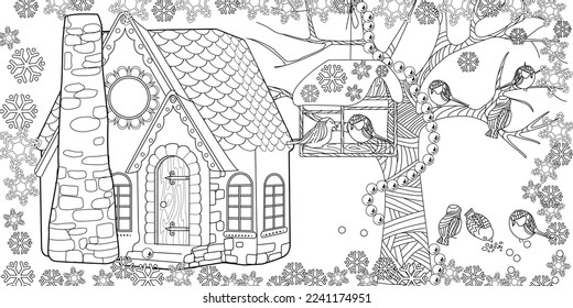 Art therapy coloring page. Colouring pictures with Cute Village House in Winter. Coloring books make you feel better. Coloring drawings is an effective art therapy practice
