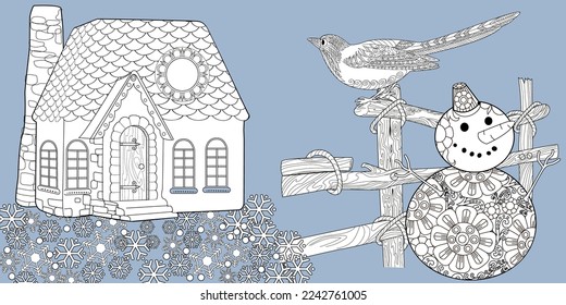 Art therapy coloring page. Colouring pictures with Cute Village House in Winter. Coloring books make you feel better. Coloring drawings is an effective art therapy practice
