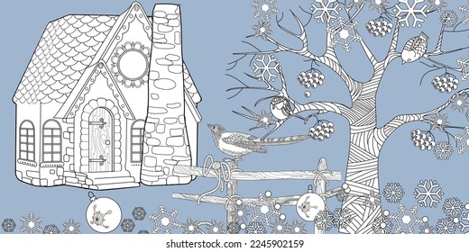 Art therapy coloring page. Colouring pictures with Cute Village House in Winter. Coloring books make you feel better. Coloring drawings is an effective art therapy practice