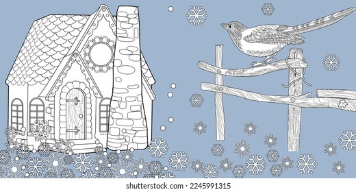 Art therapy coloring page. Colouring pictures with Cute Village House in Winter. Coloring books make you feel better. Coloring drawings is an effective art therapy practice