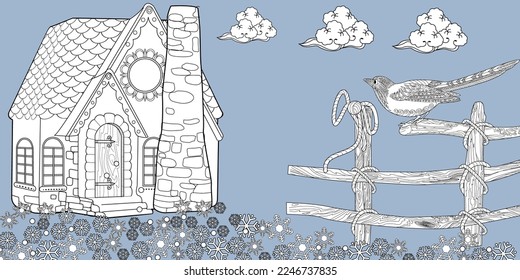 Art therapy coloring page. Colouring pictures with Cute Village House in Winter. Coloring books make you feel better. Coloring drawings is an effective art therapy practice

