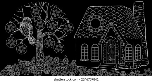 Art therapy coloring page. Colouring pictures with Cute Village House in Winter. Coloring books make you feel better. Coloring drawings is an effective art therapy practice
