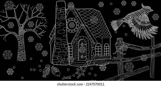 Art therapy coloring page. Colouring pictures with Cute Village House in Winter. Coloring books make you feel better. Coloring drawings is an effective art therapy practice
