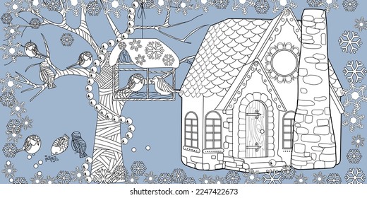 Art therapy coloring page. Colouring pictures with Cute Village House in Winter. Coloring books make you feel better. Coloring drawings is an effective art therapy practice
