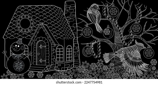 Art therapy coloring page. Colouring pictures with Cute Village House in Winter. Coloring books make you feel better. Coloring drawings is an effective art therapy practice
