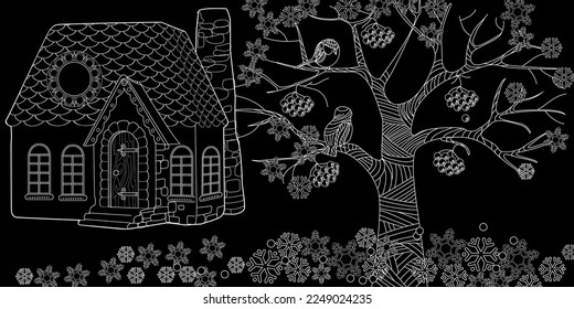 Art therapy coloring page. Colouring pictures with Cute Village House in Winter. Coloring books make you feel better. Coloring drawings is an effective art therapy practice
