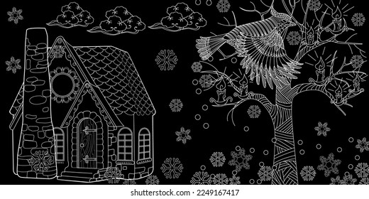Art therapy coloring page. Colouring pictures with Cute Village House in Winter. Coloring books make you feel better. Coloring drawings is an effective art therapy practice
