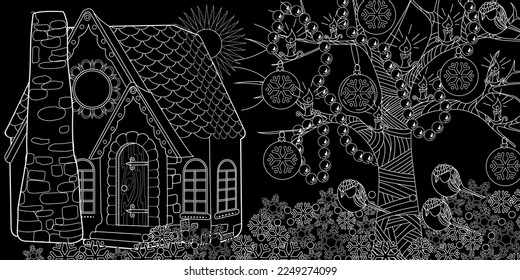 Art therapy coloring page. Colouring pictures with Cute Village House in Winter. Coloring books make you feel better. Coloring drawings is an effective art therapy practice
