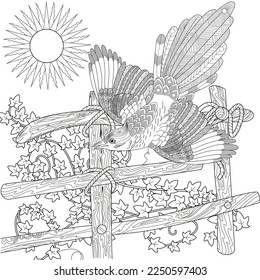 Art therapy coloring page. Colouring pictures for adults and children. Linear vector drawing from the Birds and Flowers series. Antistress freehand sketch drawing.
