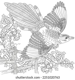 Art therapy coloring page. Colouring pictures for adults and children. Linear vector drawing from the Birds and Flowers series. Antistress freehand sketch drawing.
