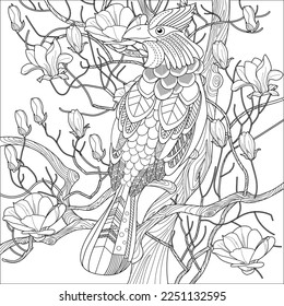 Art therapy coloring page. Colouring pictures for adults and children. Linear vector drawing from the Birds and Flowers series. Antistress freehand sketch drawing.
