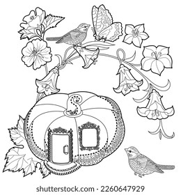 Art therapy coloring page. Colouring pictures with cute bird house. Antistress freehand sketch drawing with doodle and zentangle elements.
