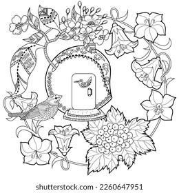 Art therapy coloring page. Colouring pictures with cute bird house. Antistress freehand sketch drawing with doodle and zentangle elements.
