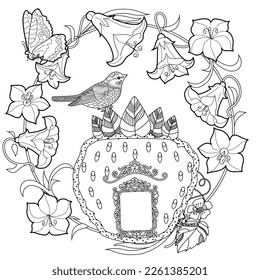 Art therapy coloring page. Colouring pictures with cute bird house. Antistress freehand sketch drawing with doodle and zentangle elements.