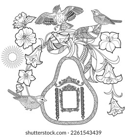 Art therapy coloring page. Colouring pictures with cute bird house. Antistress freehand sketch drawing with doodle and zentangle elements.