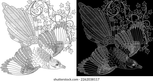 Art therapy coloring page. Colouring pictures for adults and children. Linear vector drawing from the Birds and Flowers series. Antistress freehand sketch drawing.

