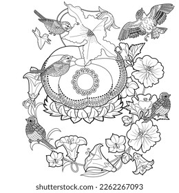 Art therapy coloring page. Colouring pictures with cute bird house. Antistress freehand sketch drawing with doodle and zentangle elements.

