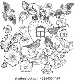 Art therapy coloring page. Colouring pictures with cute bird house. Antistress freehand sketch drawing with doodle and zentangle elements.
