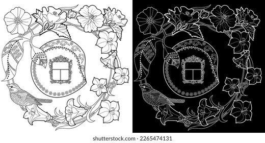 Art therapy coloring page. Colouring pictures with cute bird house. Antistress freehand sketch drawing with doodle and zentangle elements.

