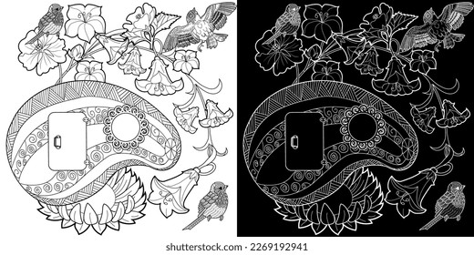 Art therapy coloring page. Colouring pictures with cute bird house. Antistress freehand sketch drawing with doodle and zentangle elements.
