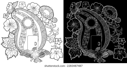 Art therapy coloring page. Colouring pictures with cute bird house. Antistress freehand sketch drawing with doodle and zentangle elements.
