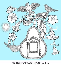 Art therapy coloring page. Colouring pictures with cute bird house. Antistress freehand sketch drawing with doodle and zentangle elements.
