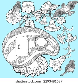 Art therapy coloring page. Colouring pictures with cute bird house. Antistress freehand sketch drawing with doodle and zentangle elements.
