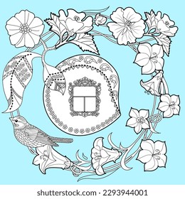 Art therapy coloring page. Colouring pictures with cute bird house. Antistress freehand sketch drawing with doodle and zentangle elements.
