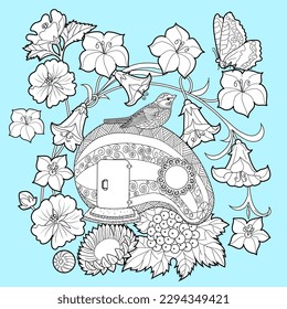 Art therapy coloring page. Colouring pictures with cute bird house. Antistress freehand sketch drawing with doodle and zentangle elements.
