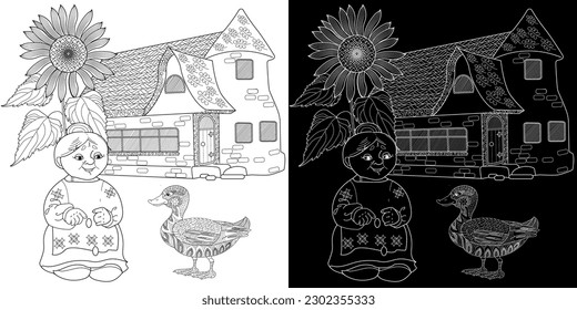 Art therapy coloring page. Colouring pictures with Cute Village House in Winter. Coloring books make you feel better. Coloring drawings is an effective art therapy practice
