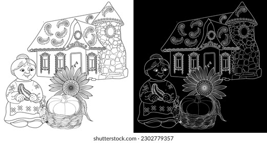 Art therapy coloring page. Colouring pictures with Cute Village House in Winter. Coloring books make you feel better. Coloring drawings is an effective art therapy practice
