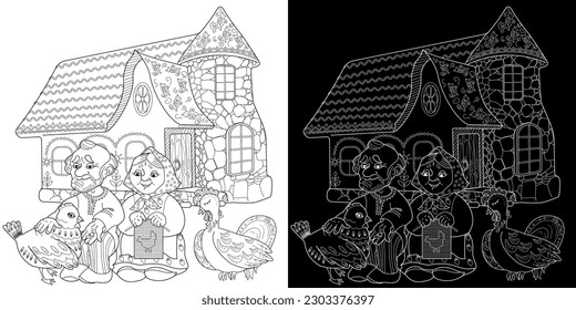 Art therapy coloring page. Colouring pictures with Cute Village House in Winter. Coloring books make you feel better. Coloring drawings is an effective art therapy practice
