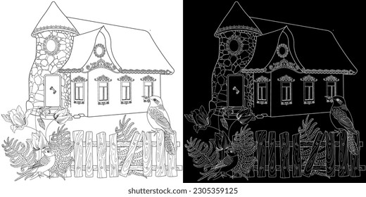 Art therapy coloring page. Colouring pictures with Cute Village House in Winter. Coloring books make you feel better. Coloring drawings is an effective art therapy practice
