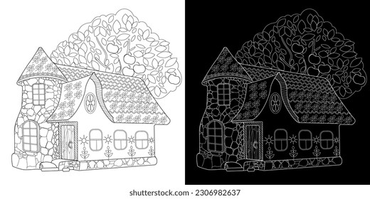 Art therapy coloring page. Colouring pictures with Cute Village House in Winter. Coloring books make you feel better. Coloring drawings is an effective art therapy practice
