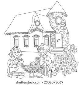 Art therapy coloring page. Colouring pictures with Cute Village House in Winter. Coloring books make you feel better. Coloring drawings is an effective art therapy practice
