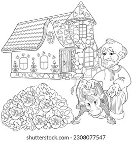 Art therapy coloring page. Colouring pictures with Cute Village House in Winter. Coloring books make you feel better. Coloring drawings is an effective art therapy practice
