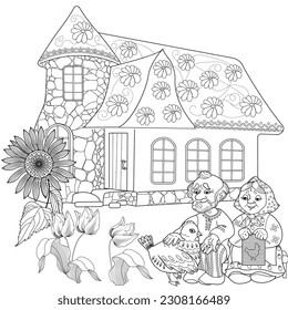 Art therapy coloring page. Colouring pictures with Cute Village House in Winter. Coloring books make you feel better. Coloring drawings is an effective art therapy practice
