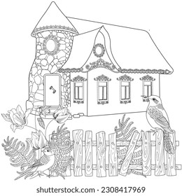 Art therapy coloring page. Colouring pictures with Cute Village House in Winter. Coloring books make you feel better. Coloring drawings is an effective art therapy practice
