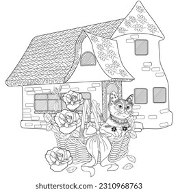 Art therapy coloring page. Colouring pictures with Cute Village House in Winter. Coloring books make you feel better. Coloring drawings is an effective art therapy practice
