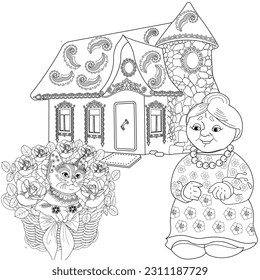 Art therapy coloring page. Colouring pictures with Cute Village House in Winter. Coloring books make you feel better. Coloring drawings is an effective art therapy practice
