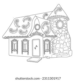 Art therapy coloring page. Colouring pictures with Cute Village House in Winter. Coloring books make you feel better. Coloring drawings is an effective art therapy practice
