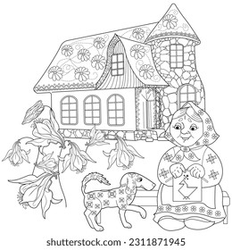 Art therapy coloring page. Colouring pictures with Cute Village House in Winter. Coloring books make you feel better. Coloring drawings is an effective art therapy practice
