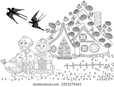 Art therapy coloring page. Colouring pictures with Cute Village House. Coloring books make you feel better. Coloring drawings is an effective art therapy practice
