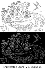 Art therapy coloring page. Colouring pictures with Cute Village House. Coloring books make you feel better. Coloring drawings is an effective art therapy practice
