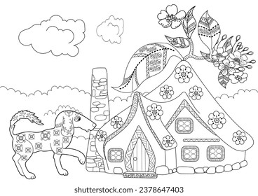 Art therapy coloring page. Colouring pictures with Cute Village House. Coloring books make you feel better. Coloring drawings is an effective art therapy practice
