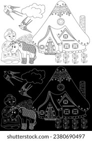 Art therapy coloring page. Colouring pictures with Cute Village House. Coloring books make you feel better. Coloring drawings is an effective art therapy practice

