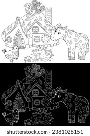 Art therapy coloring page. Colouring pictures with Cute Village House. Coloring books make you feel better. Coloring drawings is an effective art therapy practice
