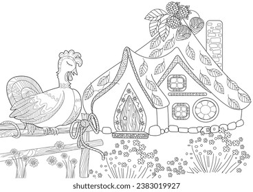 Art therapy coloring page. Colouring pictures with Cute Village House. Coloring books make you feel better. Coloring drawings is an effective art therapy practice
